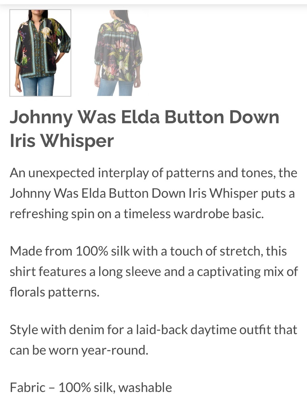 NWT. Johnny Was Elda Black Floral 100% Silk Button-Down Blouse in Iris Whisper M - Picture 10 of 10